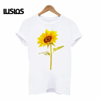 LUSLOS 2019 moterų marškinėliai plius dydis moteris saulėgrąžų spausdinti hipster marškinėlius atsitiktinis balta harajuku streetwear t-marškinėliai moterims drabužių