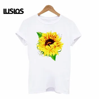 LUSLOS 2019 moterų marškinėliai plius dydis moteris saulėgrąžų spausdinti hipster marškinėlius atsitiktinis balta harajuku streetwear t-marškinėliai moterims drabužių