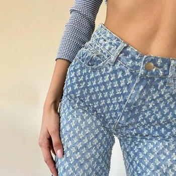 Naujos Elegantiškos Moterys Atsitiktinis Vintage Džinsai Aukšto Juosmens Tuščiaviduriai Iš Kamieninių vamzdis Kelnes Prarasti Ripped Jeans Streetwear Mados Džinsinio audinio Mėlyna
