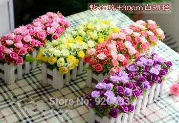1 nustatykite, Medinės tvoros vaza + gėlės, rožių ir Ramunėlių dirbtinių gėlių nustatyti šilko gėlės namų puošybai Gimtadienio Dovana