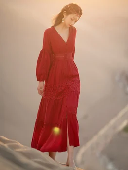 YOSIMI 2020 metų Vasaros Maxi Elegantiškas Medvilnės ir Lino ilgomis Rankovėmis Ilgai Moterų Suknelės, Nėriniai V-kaklo Derliaus Bohemijos Moterų Raudona Suknelė