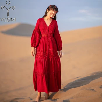 YOSIMI 2020 metų Vasaros Maxi Elegantiškas Medvilnės ir Lino ilgomis Rankovėmis Ilgai Moterų Suknelės, Nėriniai V-kaklo Derliaus Bohemijos Moterų Raudona Suknelė