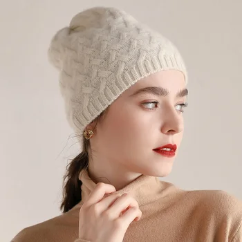 Pashmina Mezgimo Skrybėlės Moterims 2020 Naujas Mados Žiemą Šiltas, Minkštas Headgears Moterų Grynas Kašmyro Ožkų Skrybėlę