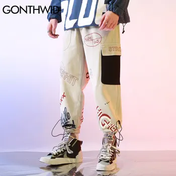 GONTHWID Multi-Kišenės Spalvos Bloką Kratinys Spausdinti Krovinių Haremas Poilsiu Kelnes Streetwear Harajuku Hip-Hop Atsitiktinis Laisvas Kelnes