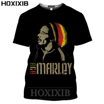 HOXIXIB vyriški marškinėliai 3D Spausdinimo Dainininkas Bobas Marley Marškinėliai Juodos spalvos trumpomis Rankovėmis Hip-Hop Muzikos Moterims Marškinėlius Vasarą Kempingas Vyrų Tees
