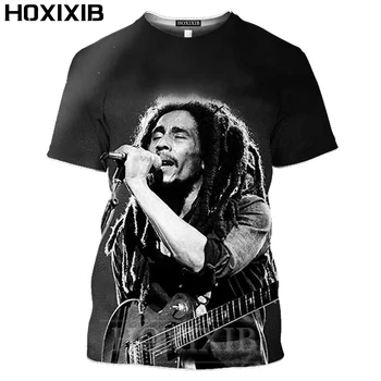 HOXIXIB vyriški marškinėliai 3D Spausdinimo Dainininkas Bobas Marley Marškinėliai Juodos spalvos trumpomis Rankovėmis Hip-Hop Muzikos Moterims Marškinėlius Vasarą Kempingas Vyrų Tees