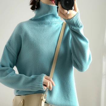 Rudenį ir žiemą, aukštos apykaklės kašmyro megztinis moteriški drabužiai sutirštės laisvas megztinis 2020 naujas mados megzti vilnos megztinis