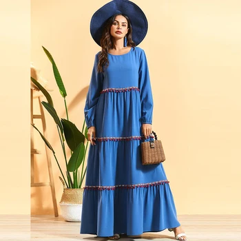 Siskakia Plius Dydis Suknelė Etninės Mėlyna Plisuotos Pompom Maxi Suknelės Ramadanas Arabijos Musulmonų Drabužiai 2020 Prarasti Atsitiktinis Ilgomis Rankovėmis