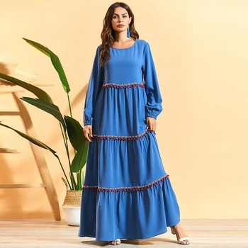 Siskakia Plius Dydis Suknelė Etninės Mėlyna Plisuotos Pompom Maxi Suknelės Ramadanas Arabijos Musulmonų Drabužiai 2020 Prarasti Atsitiktinis Ilgomis Rankovėmis