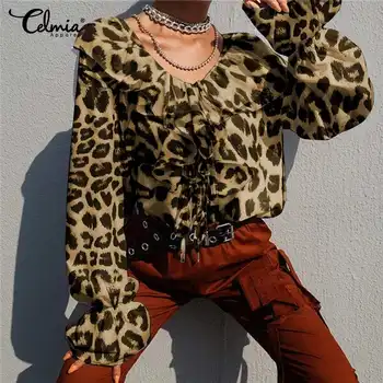 Moterų Sexy, Leopardas Spausdinimui Palaidinės 2021 Celmia Ilgai Ruffles Rankovėmis Marškinėliai Atsitiktinis Palaidų Tunika Viršūnes Ponios Elegantiškas Blusas Femininas