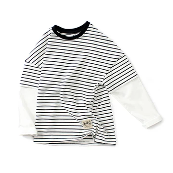 4-13 metų Amžiaus berniukų, mergaičių Pavasarį, Rudenį Marškinėlius (T-shirt mados dryžuotas pledas susiuvimo ilgomis rankovėmis medvilnės viršutinį sluoksnį, vaikų drabužiai