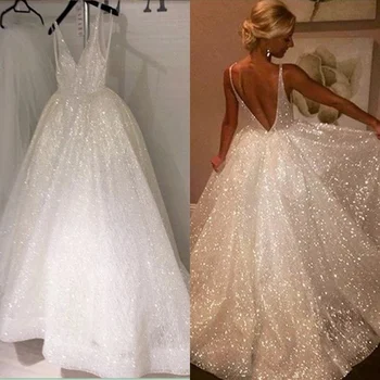 Blizgiu Tiulio A-line Wedding Dresses 2021 Atvira nugara V iškirpte Vestuvių Chalatai Moterims, Vestuvinės Suknelės pagal Užsakymą