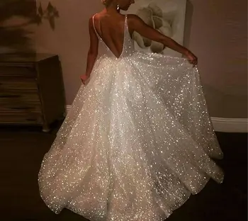 Blizgiu Tiulio A-line Wedding Dresses 2021 Atvira nugara V iškirpte Vestuvių Chalatai Moterims, Vestuvinės Suknelės pagal Užsakymą
