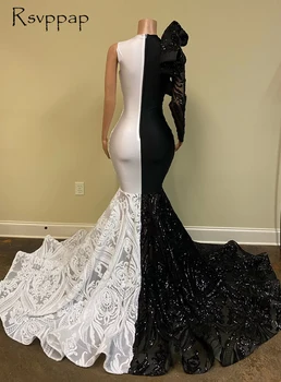 Ilgai Prom Dresses Elegantiškas 2021 Seksualus Ilgomis Rankovėmis Undinė Juoda Ir Balta China Afrikos Mergaičių Nekilnojamojo Prom Gala Suknelė