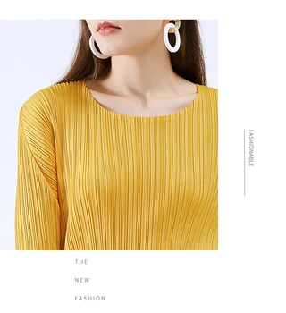 Miyake plisuotos ilgomis rankovėmis T-shirt viršuje prarasti didelio dydžio geltonos estetinės drabužiai