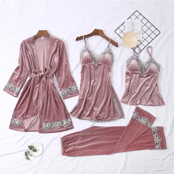 2021 m. Rudens Žiemos Aksomo Pižama Moterims, Pižamos Šiltas Sleepwear V-Kaklo Pijama Mujer 4 Gabalas Rinkiniai Pijama Krūtinės Pagalvėlės