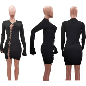 HAOYUAN Seksualus Megzti Bodycon Mini Suknelė Moterims 2021 Gimtadienio Drabužius ilgomis Rankovėmis Grandinės Tvarstis Tuščiaviduriai Naktinis Klubas Šalis Suknelė
