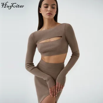 Hugcitar 2020 ilgomis rankovėmis iškirpti seksualus pasėlių viršuje plyšio sijonas 2 vienetų komplektas rudens žiemos moterų mados streetwear apranga tracksuit