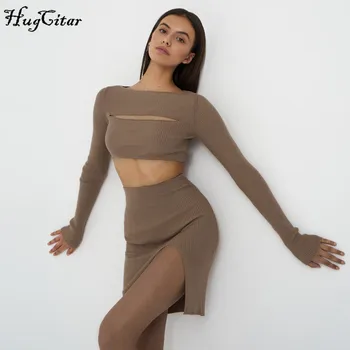 Hugcitar 2020 ilgomis rankovėmis iškirpti seksualus pasėlių viršuje plyšio sijonas 2 vienetų komplektas rudens žiemos moterų mados streetwear apranga tracksuit