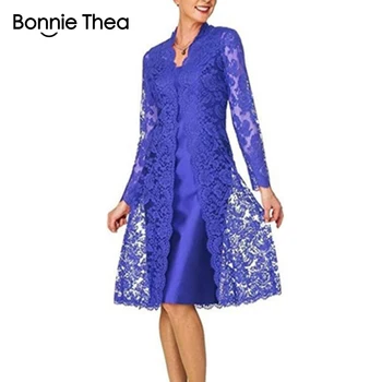 Bonnie Thea Moterų ilgomis Rankovėmis Dviejų dalių Nėrinių Suknelė lady Elegantiška Juoda Šalis Suknelė Vestido Moterų Pavasario Dress 2019