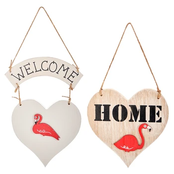 2 Vnt. Medienos Širdies Formos Sveiki Durų Kabo Ženklas Dekoratyvinis Priekinių Durų Flamingo Orlaivių Troba Namų Sienų Dekoras