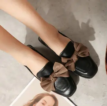 Retro mažas odos batai moterų mielas lankas aikštėje butas batai, viena pora batų, naujos Britų stiliaus koledžo moterų bendrosios batai
