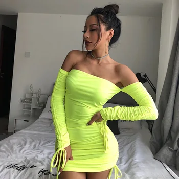 Moterų Sexy Neoninė Žalia Off Peties ilgomis Rankovėmis Bodycon Mezgimo Ruched Šalies Naktinis Klubas Mini Suknelės Clubwear