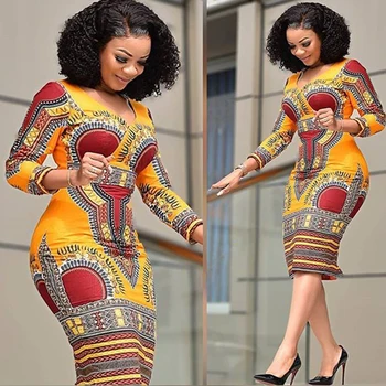 Afrikos Stilius Gėlių Spausdinti Retro Suknelė Moterims Elegantiškas Mados V-kaklo Bodycon Plius Dydis Midi Suknelė ilgomis Rankovėmis, Vestidos
