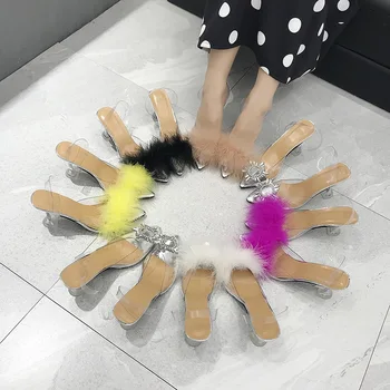 2020 Naujas Moterų Furry Ponios Sandalai Kristalų Mados Aukštakulnius Batus Plunksnų Purus Sandalai moteriški Kailiniai Vasaros Sandalai, Šlepetės