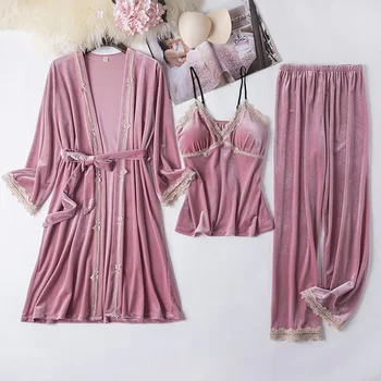 Rudenį, Žiemą Veliūras Pižama Nustatyti 3PCS Sleepwear Seksualus V-kaklo, naktiniai drabužiai Atsitiktinis Chalatas Nėrinių Apdaila Kratinys Pižamos Moterims Homewear