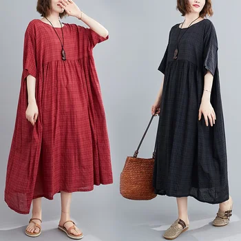 Medvilnės skalbiniai, negabaritinių plius dydis derliaus pledas moterų atsitiktinis palaidų ilgas vasaros suknelė elegantiškas drabužius 2020 ponios suknelės