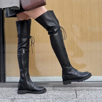 MORAZORA 2020 karšto pardavimui naujas prekės ženklas moterims, batai natūralios odos kieto juoda per kelius siekiantys batai, suapvalinti tne mažo kulno žiemos batai