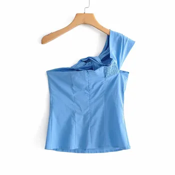 Vienos pečių nereguliarus palaidinė marškinėliai moterims topai Vasaros blue marškinėliai palaidinė chemise femme Elegantiškas backless pynimas blusas