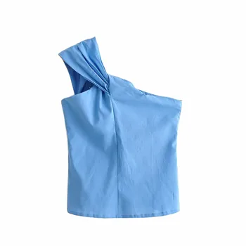 Vienos pečių nereguliarus palaidinė marškinėliai moterims topai Vasaros blue marškinėliai palaidinė chemise femme Elegantiškas backless pynimas blusas