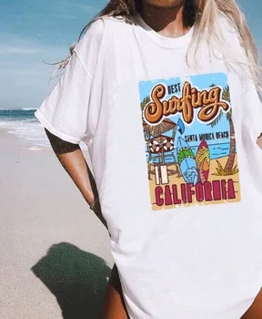 1pcs BALTA Tees Vasaros Atsitiktinis Negabaritinių Tee Geriausių Banglenčių Santa Monikoje, Kalifornijoje Moteriški Retro Stiliaus Marškinėliai Atostogų Paplūdimys Marškinėliai