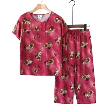 Plius Dydis Vasaros Kostiumas Pižamos vidutinio amžiaus Moterims Atspausdintas T-shirt Viršūnes & Pločio Kojų Kelnės 2 Vnt Rinkiniai Moterų naktiniai drabužiai Namų Paslauga