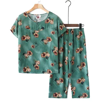 Plius Dydis Vasaros Kostiumas Pižamos vidutinio amžiaus Moterims Atspausdintas T-shirt Viršūnes & Pločio Kojų Kelnės 2 Vnt Rinkiniai Moterų naktiniai drabužiai Namų Paslauga