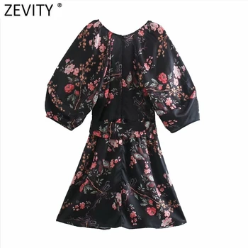 Zevity 2021 Naujas Moterų Vintage V Kaklo Gėlių Spausdinti Atsitiktinis Slim Mini Suknelė, Prašmatnus Moterų Žibintų Rankovės Kimono A-Line Vestido DS5023