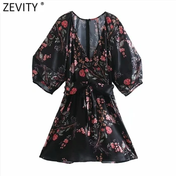 Zevity 2021 Naujas Moterų Vintage V Kaklo Gėlių Spausdinti Atsitiktinis Slim Mini Suknelė, Prašmatnus Moterų Žibintų Rankovės Kimono A-Line Vestido DS5023