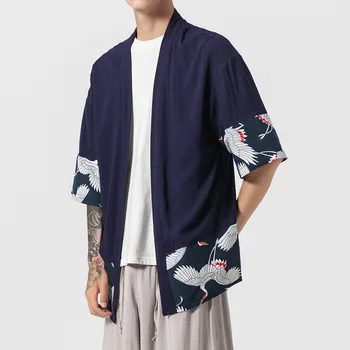 Kinų Stiliaus Vyrų Didelio Dydžio Kimono Megztinis Kailis Japonijos Lino Haori Yukata Skraiste Vasaros Atsitiktinis Marškinėliai Azijos Drabužių Viršūnes 5XL