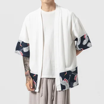 Kinų Stiliaus Vyrų Didelio Dydžio Kimono Megztinis Kailis Japonijos Lino Haori Yukata Skraiste Vasaros Atsitiktinis Marškinėliai Azijos Drabužių Viršūnes 5XL