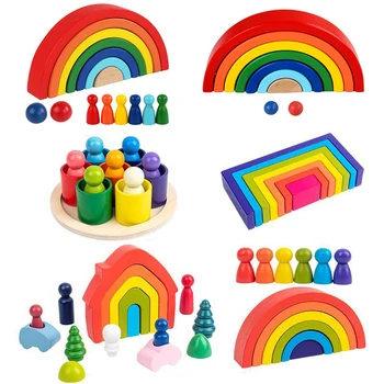 Vaikai Montessori Ugdymo Mediniai Žaislai, Vaivorykštė, Mediniai Žaislai, Puslankiu, Statyba Blokai, Stačiakampio Valdybos Namus Kalėdų Dovana