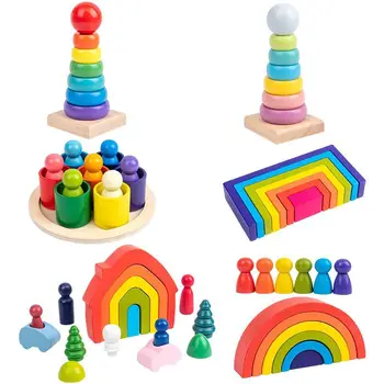 Vaikai Montessori Ugdymo Mediniai Žaislai, Vaivorykštė, Mediniai Žaislai, Puslankiu, Statyba Blokai, Stačiakampio Valdybos Namus Kalėdų Dovana