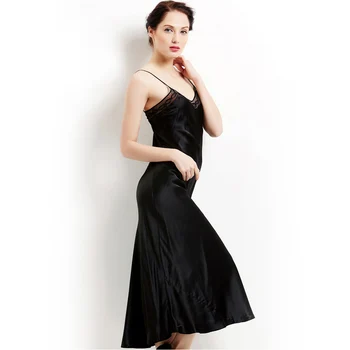 Nekilnojamojo Šilko Ilgai Nightgowns Moterų Maxi Suknelė Balta Juoda Šilko Sleepdress Nėrinių V kaklo Elegantiškas Miego dėvėti 2020 m.