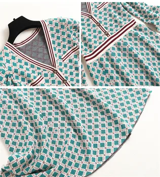 Mados Rudens-Žiemos Dress Moterų 2020 M. Naujų Dizainerių V-Kaklo, Ilgomis Rankovėmis Geometrinių Raštų Aline Megztiniai Megztinis Suknelė Atsitiktinis