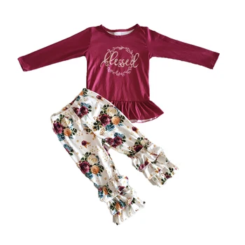 Naujas atvykimo rudenį vaikų drabužių nustatyti mergina vyno raudona viršų ir pynimas kelnes nustatyti mergina laišką atspausdintas dizaino drabužiai su gėlių