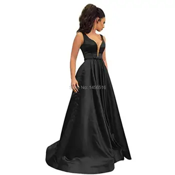 Elegantiškas 2020 Vakaro Suknelės Ilgai su Kišenėmis-Line Suknelė Dviguba V-Atgal Satino Oficialią Vakaro Šalis Suknelė Moterims