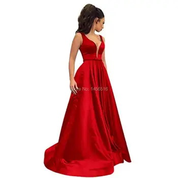 Elegantiškas 2020 Vakaro Suknelės Ilgai su Kišenėmis-Line Suknelė Dviguba V-Atgal Satino Oficialią Vakaro Šalis Suknelė Moterims