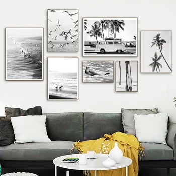 Šiuolaikinės banglenčių Plakatas Sienos Meno juoda ir balta vandenyno paplūdimys spausdinti paveikslai tapyba kambarį namo apdaila