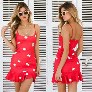 Vasaros Seksualių Moterų Berankovis Pynimas Mini Print Suknelė Bodycon Tvarstis Vakare Šalies Petnešos Cherry Kietoji Beach Trumpas Sundress